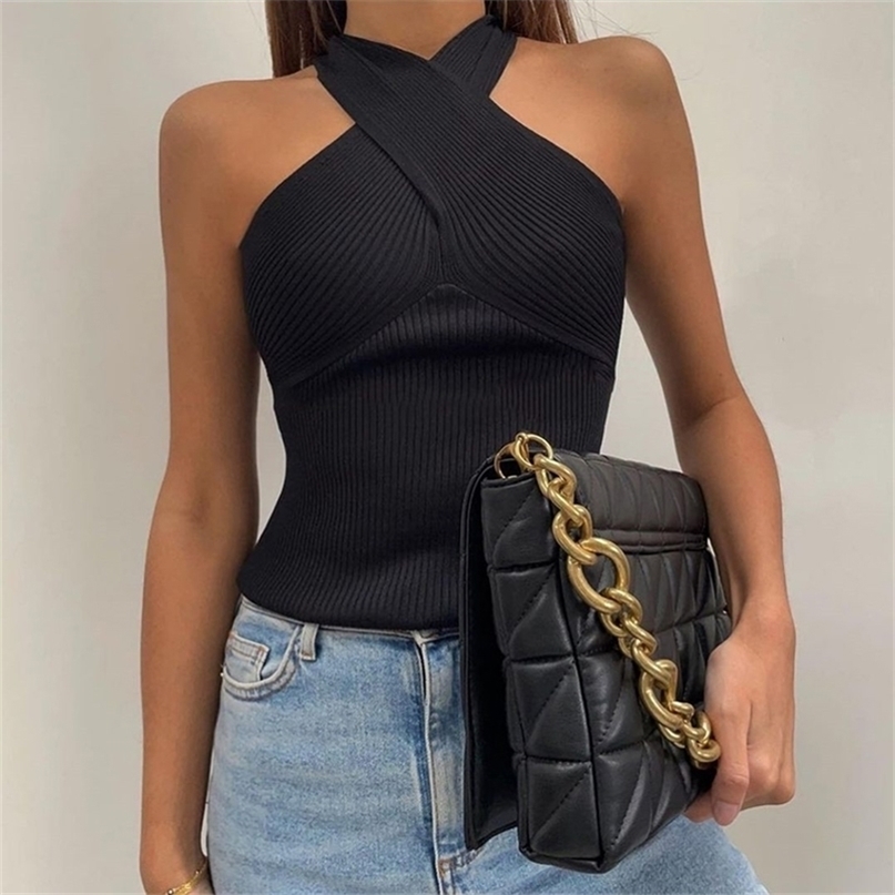 Women Strappy Cross Over Front Cut Out Halter Neck Sleeveless Backless Crop Top Bandage Vest Sexy Knitted Tops Woman Clothes 220325