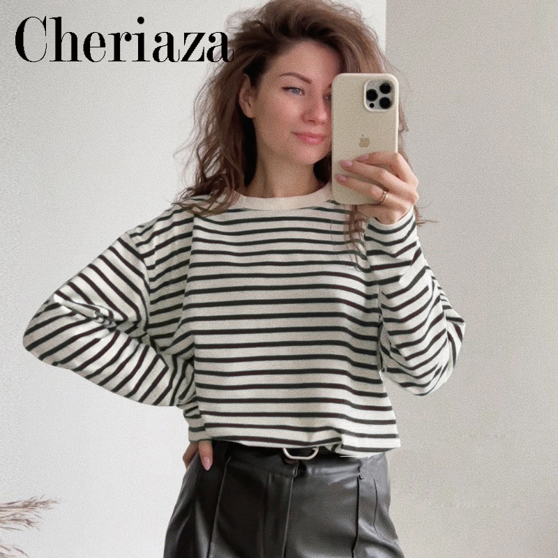 Spring Autumn Women Crew Neck Classic Style Green Striped T shirt Casual O neck Long Sleeve Oversized Female Top 220714