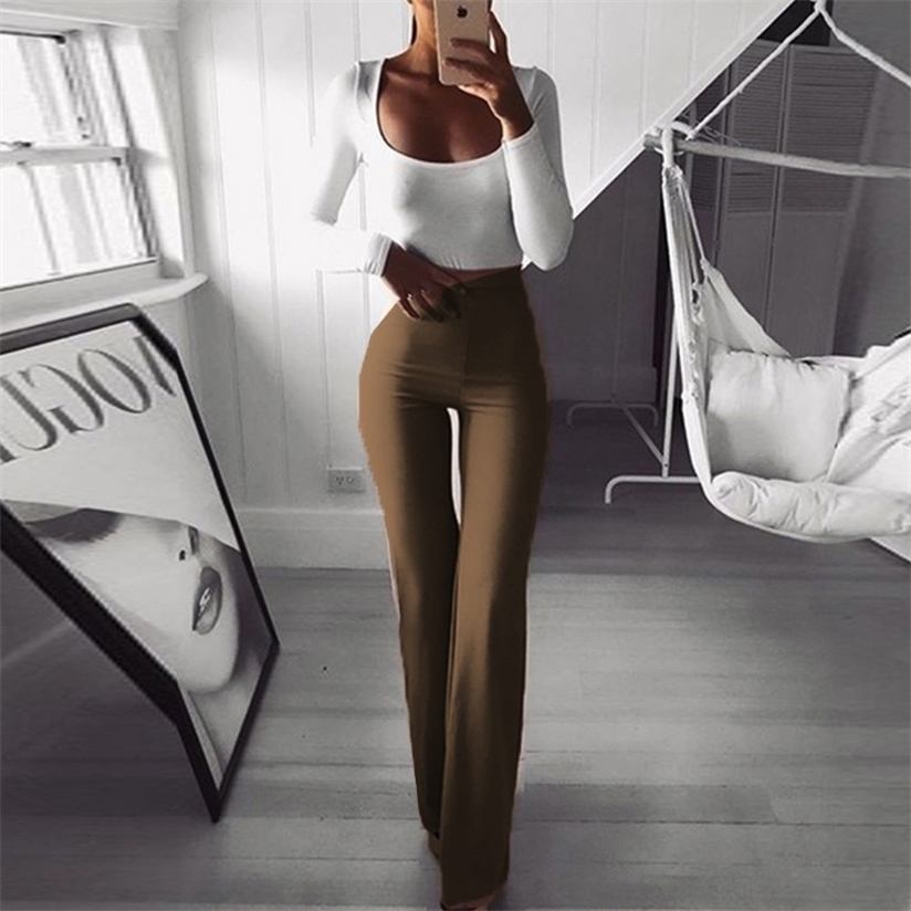 Casual High Waist Long Pant Autumn Elegant Office Lady Solid Flare Pants Fashion Stretch Thin Slim Wide Leg Trousers Streetwear 220325