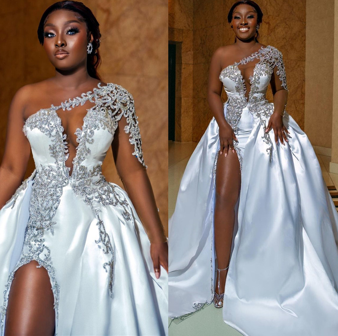 2022 Plus Size Arabic Aso Ebi Luxurious Beaded Crystals Wedding Dress Lace Mermaid Satin Bridal Gowns Dresses ZJ722