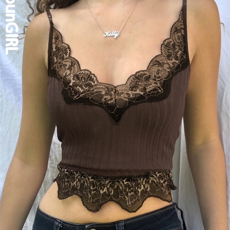 

HEYounGIRL Patchwork Lace Brown Crop Top Summer V Neck Sexy Sleeveless Cami Tops Tees 90s Backless Spaghetti Strap Top 220407, Auburn