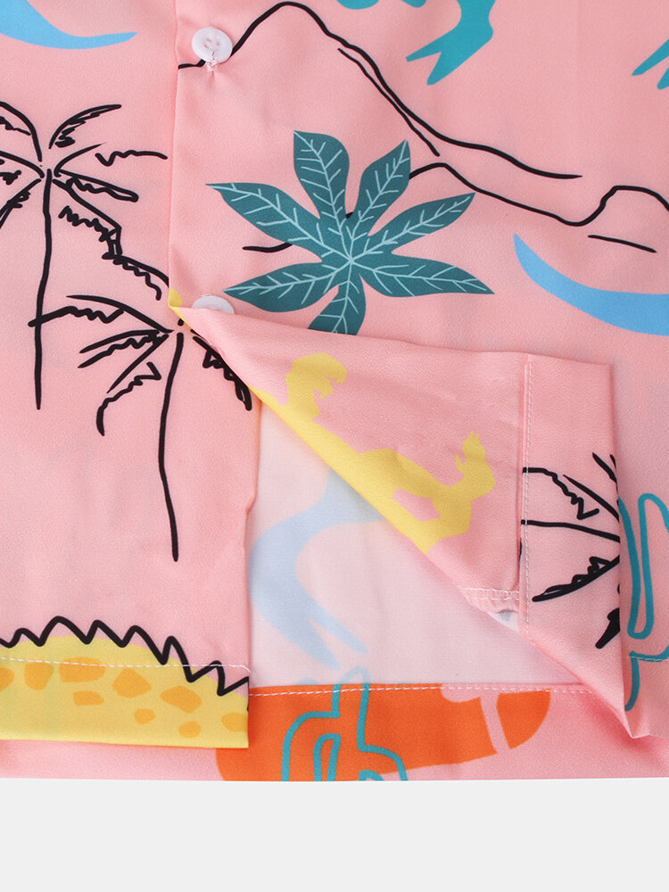 Fashion Hawaiian Shirt Mens Funny Style Dinosaur Cartoon Printed Short Sleeve Pink Shirts Men Korean Clothes Free 220322