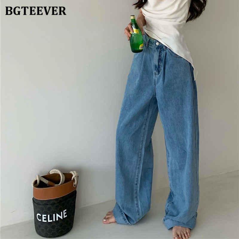 BGTEEVER Casual Loose Wide Leg Jeans Trousers for Women Summer Ladies Straight Pantalon High Waist Button Female Denim Pants 220815
