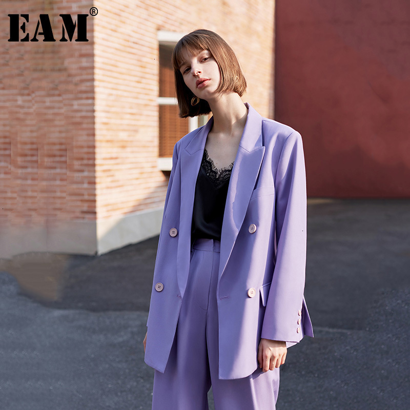 EAM Loose Fit Brief Purple Double Breasted Jacket Lapel Long Sleeve Women Coat Fashion Spring Autumn 1H090 201026
