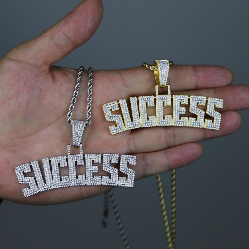 Iced Out Success Necklace Pendant with Rope Chain Bling 5A Cubic Zircon Necklace Letters Jewelry Fashion Men Women Gift