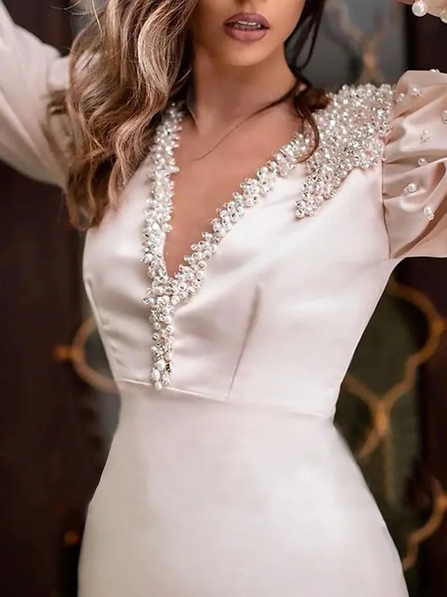 Elegant Puff Long Sleeves Evening Dresses Pearls Beaded Mermaid Formal Party Gowns V-Neck Satin Special Occasion Dresses For Women