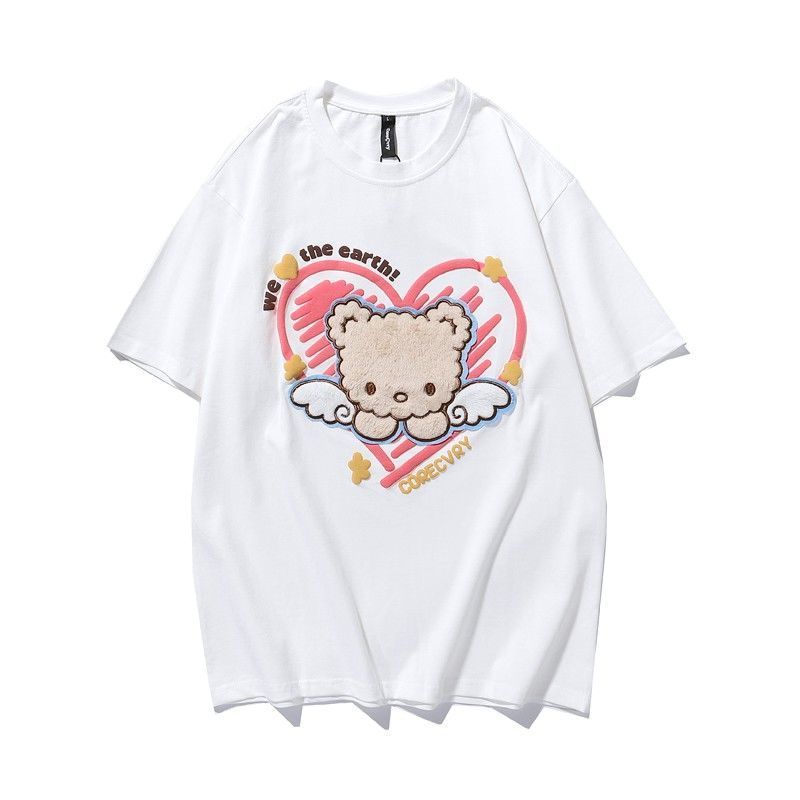 ins Heart Print Plush Bear Super Cute T Shirts Women Oversized Cotton Tshirts Summer Tees Fashion Female Vintage Tops 220321