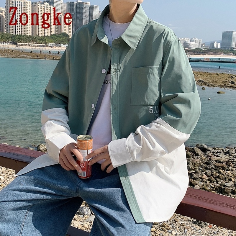 Zongke Patchwork Casual Shirts For Men Clothing Button Up Shirt Korean Fashion Clothes M-4XL Arrival 220322