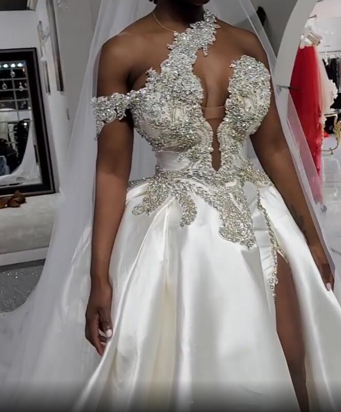 Plus Size Arabic Aso Ebi Crystals Wedding Dress High Split sparkly black girl One Shoulder Sexy Satin Bridal Gowns