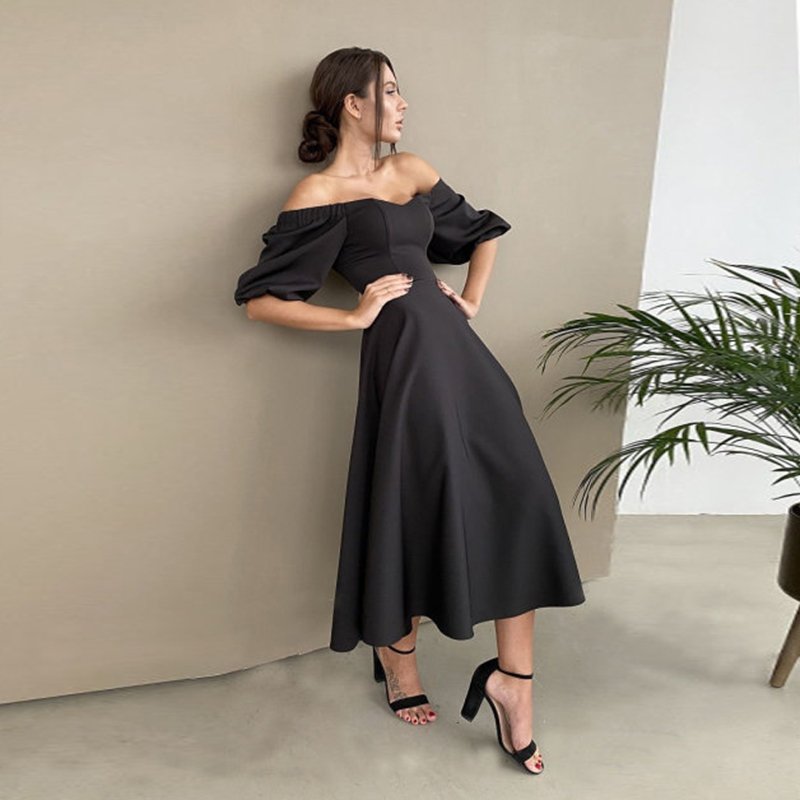 Churses Sexy Slash Neck Backless Midi Dress Autumn Elegant Puff Half Sleeve A-Line Long Party Dresses For Women 220509