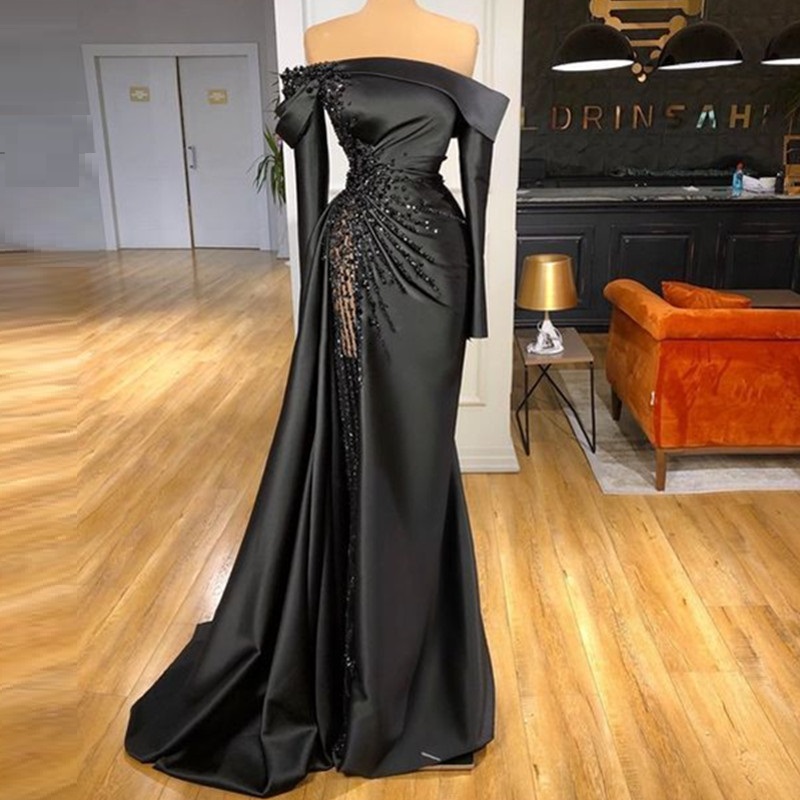 Black Elegant Mermaid Evening Dresses 2024 Off The Shoulder Sheer Pearls Long Sleeves Pleats Ruffles Formal Ocasions Prom Gown Robe de Soiree