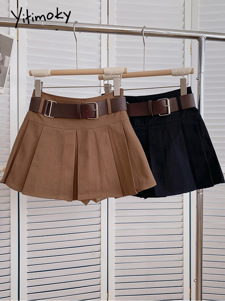 Yitimoky Pleated Skirts for Women Mini Y2k Summer Sashes Korean Fashion Clothing Harajuku Black High Waist Casual Elegant 220701