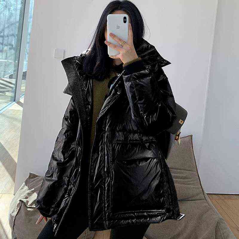 Qingwen Winter Women Thick Warm Metal Shiny Waist New White Duck Down Jacket Female 2022 Parka Hooded Waterproof Snow Runner L220725