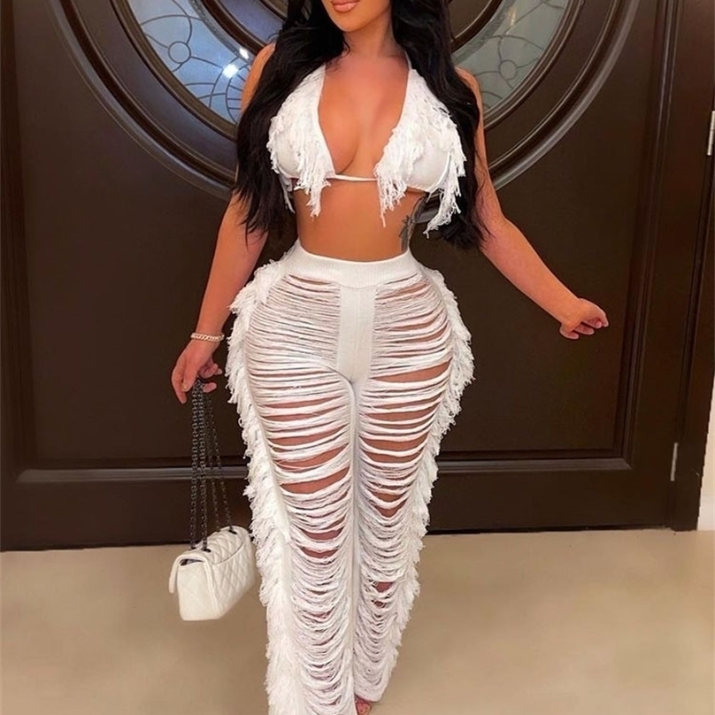 Kliou Halter Knitted Tanks Women Solid Sexy Deep V-Neck Lace Up Backless Tassel Skinny Crop Tops Streetwear Female Outfits 220325