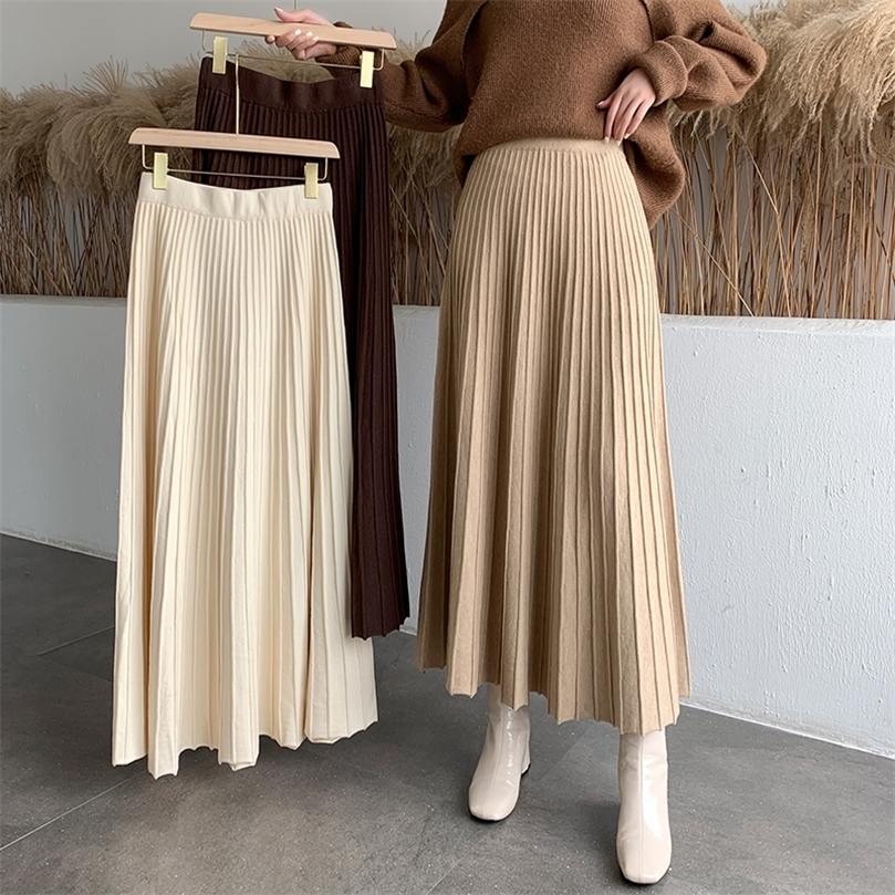 Thick and large swing knitted skirt women's mid-length Korean style elegant pleated high waist a-line 220317