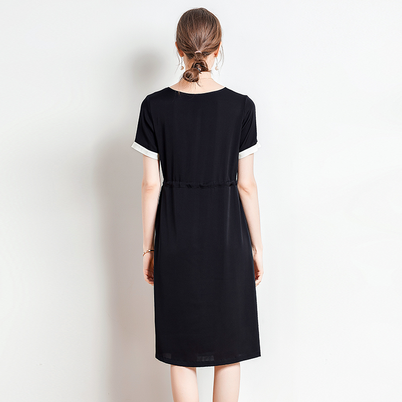 92.3% Heavy Silk 7.7% Spandex Women's Dress O Neck Short Sleeves Lace Up Color Block Elegant Fashion Runway Dresses