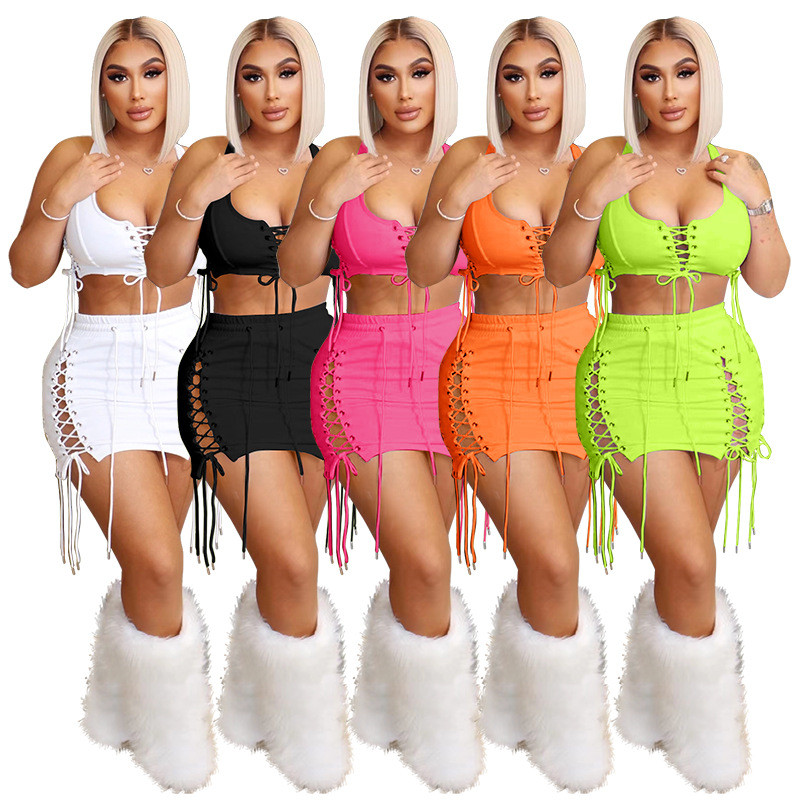 New Wholesale Sexy Women Dress Sets Summer Skirt Suits Sexy V neck Bandage Crop Top+hollow Out Mini Skirt Matching Set Night Club Wear Bulk 7339
