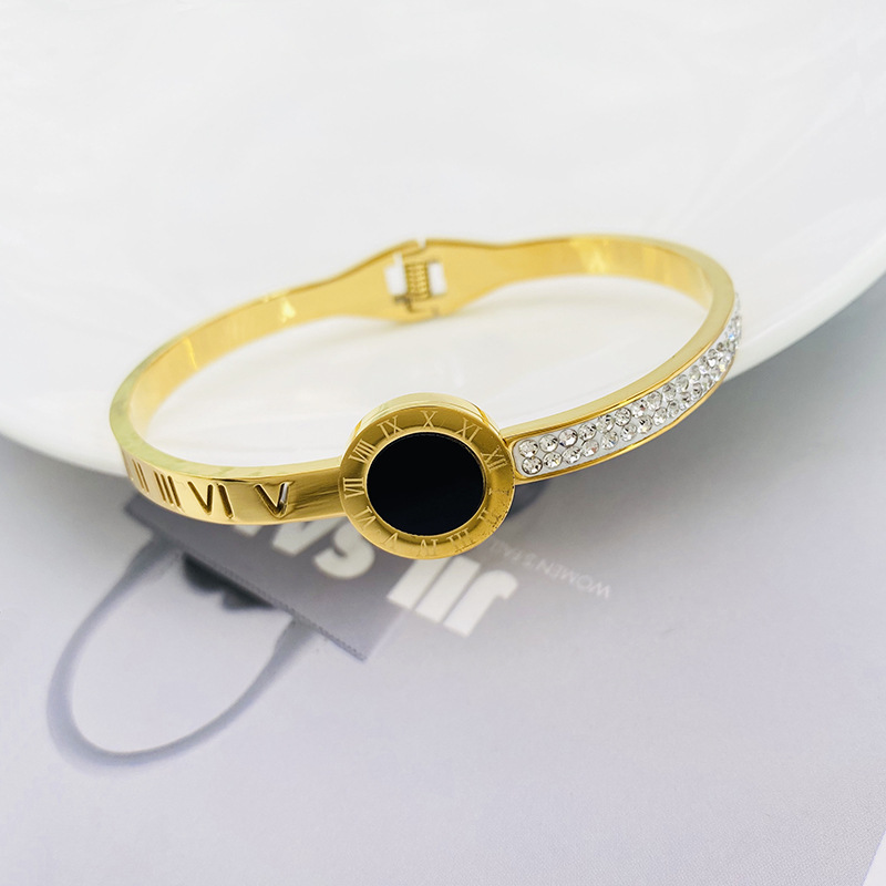 Half Diamond Insert Bangle Hollowed Roman Numerals Bracelet