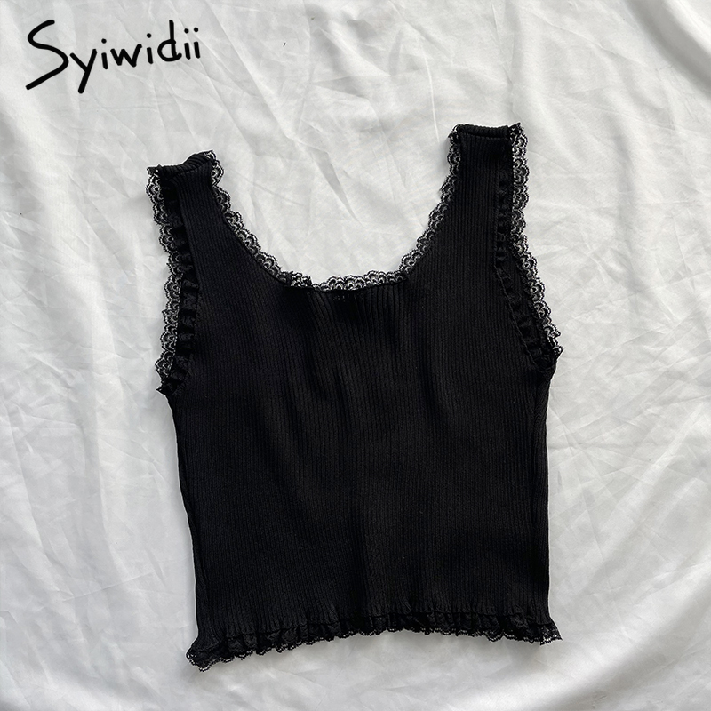 Syiwidii Lace Black Tank Tops for Women Clothes Crop Top T Shirt Cute Sexy White Bustier Short Solid Spandex Stretch Knitted 220316