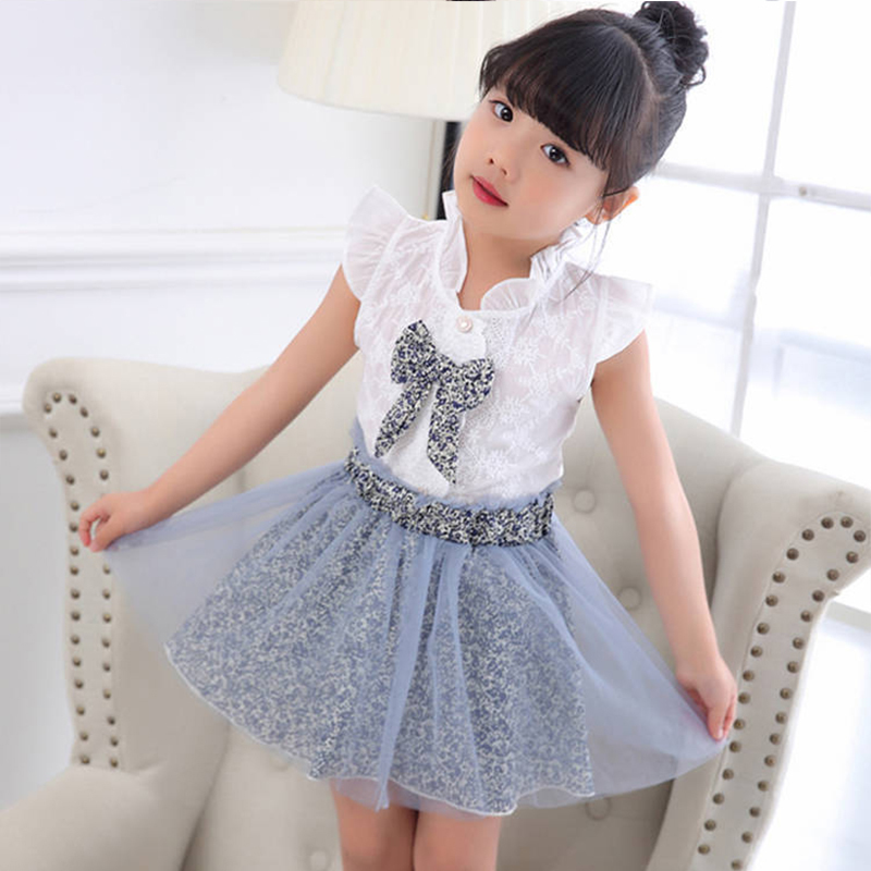Baby Girl Clothing Set Vlinder Summer Lace Floral Short Sleeve White T-Shirt Mesh Skirt Clothes For 2 3 4 5 6 7 8 Year 220326