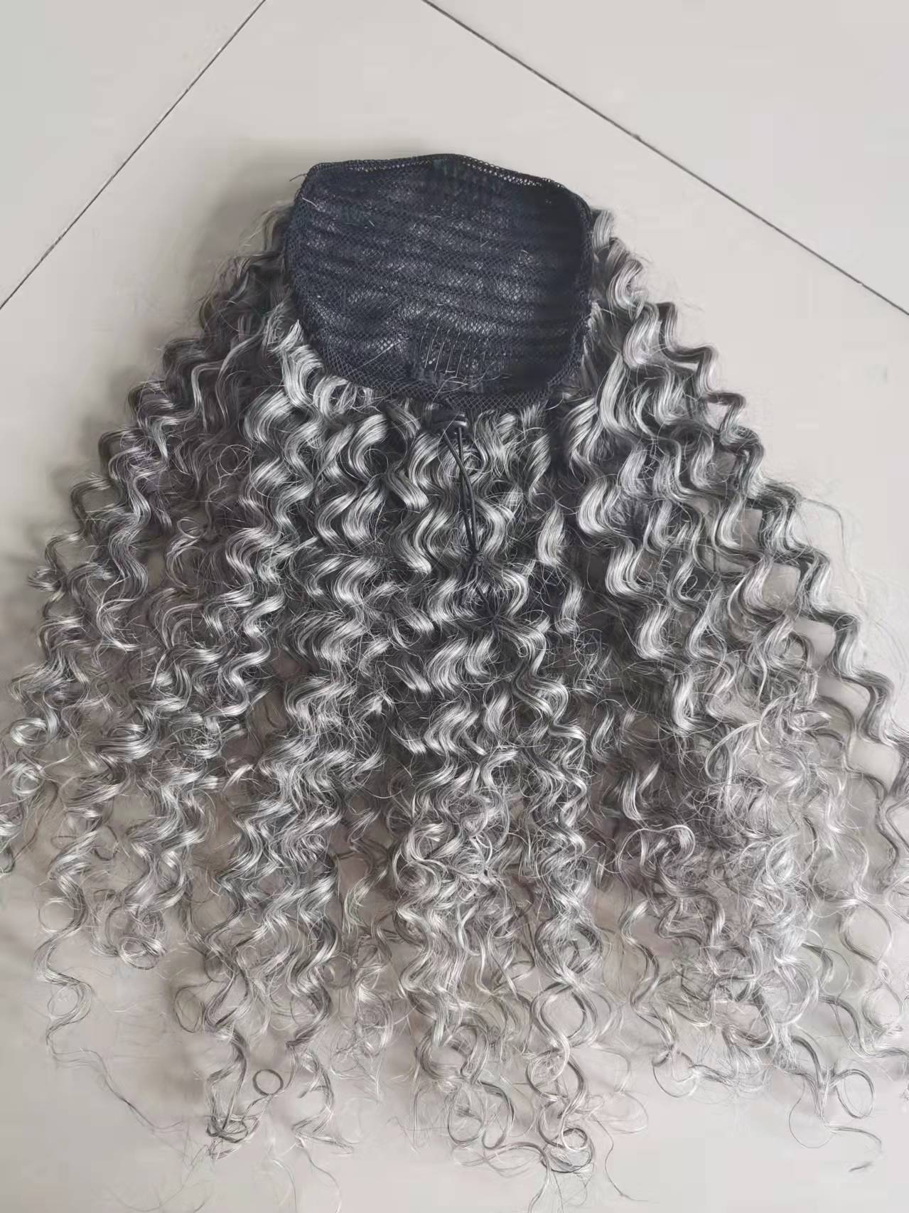 Fashion beauty ponytail grey afro hair piece Real brazilian kinky curly women gray hair extension hairpiece drawstring clip in 120g