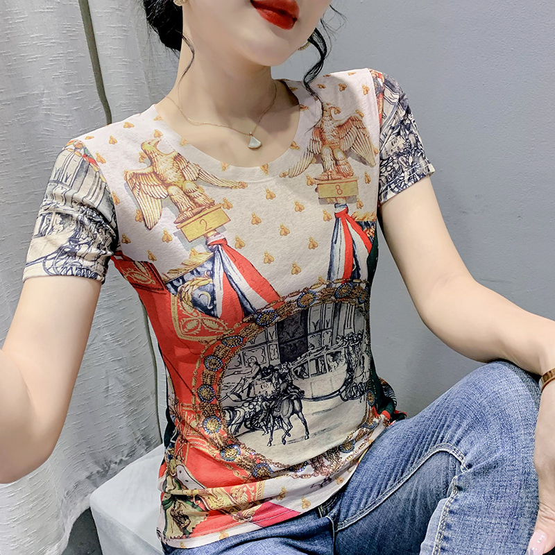 2022 fashion print diamond studded round neck short sleeve T-shirt women's elastic sexy thin top clothing lsummer tops 220613, Picture color
2022 fashion print diamond studded round neck short sleeve T-shirt women's elastic sexy thin top clothing lsummer tops 220613, Picture color