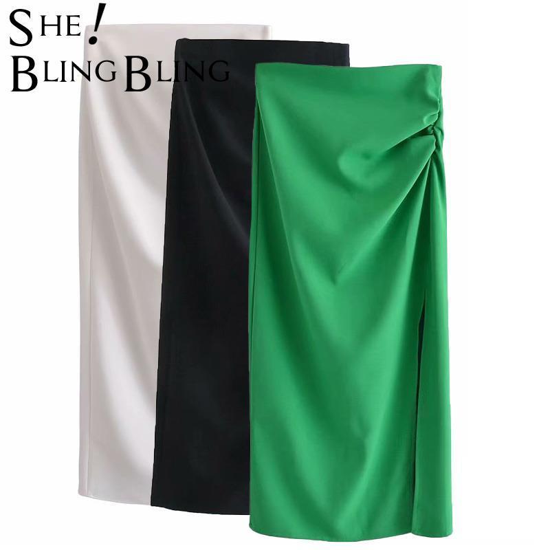SheBlingBling Summer High Waist Zipper Ruched Detail Split Side Women Casual Straight Green Midi Skirts Female Petites 220317