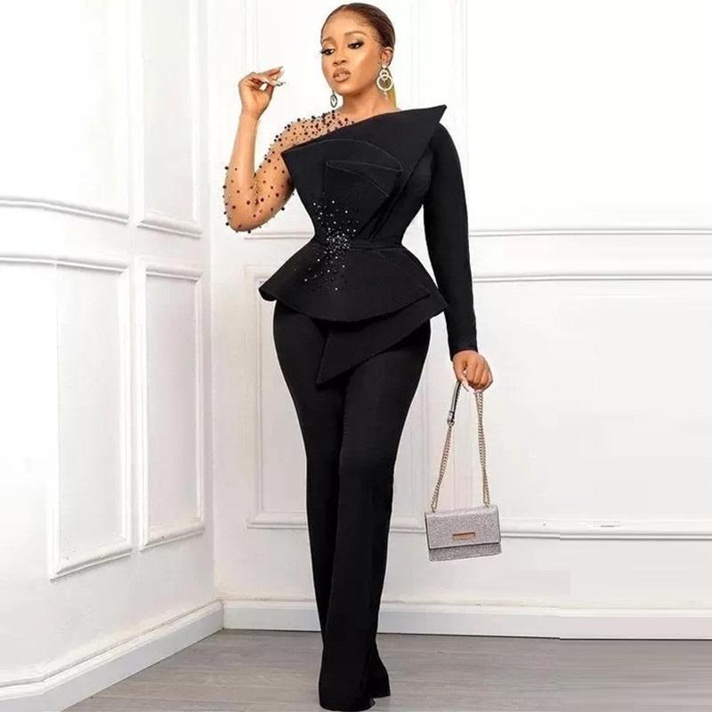 Black Satin Evening jumpsuit Dresses Long Sleeves Beaded Sheer Neck peplum Formal Slim Fit Occasion prom Dress Arabic Aso Ebi