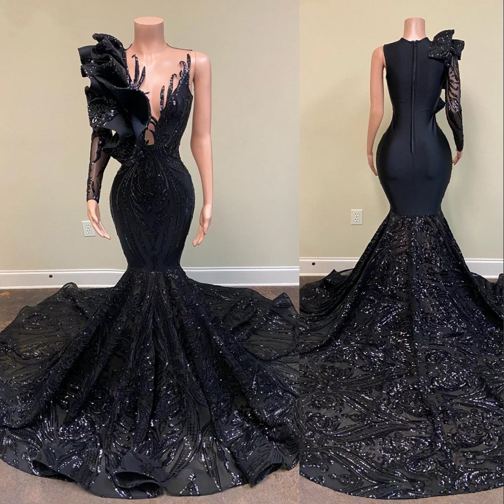 2022 Sexy Elegant Evening Dresses Wear Mermaid Long Sleeve Black Sequined Lace applique Jewel Neck Ruffles African Girl Prom Party gowns Sequins One S