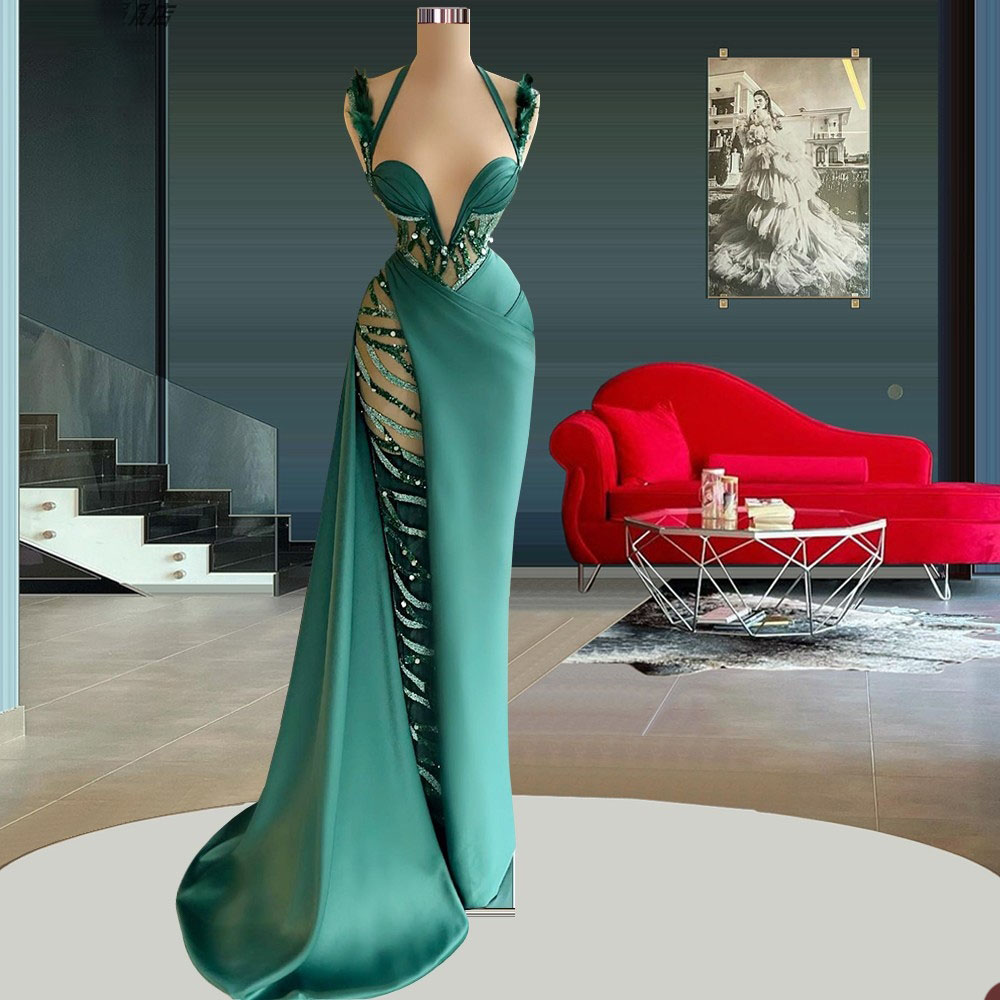 Mermaid Dresses Green Sexy V Neck Spaghetti Straps Sleeveless Satin Appliques Sequins Plus Size Elegant Prom Gowns Or Length Custom Made Evening Gown