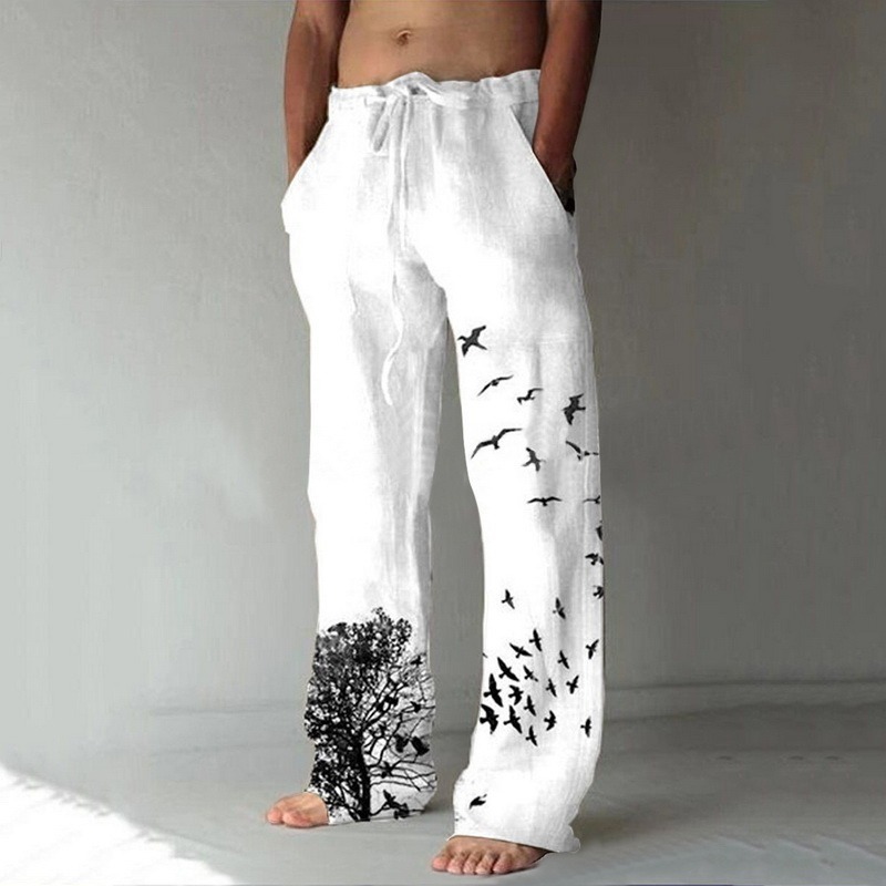Summer Vintage Mens Cotton Linen Oversized Jogger Trousers Hip Hop Avatar Print Male Plus Size Loose Wide Leg Pants Men 220708