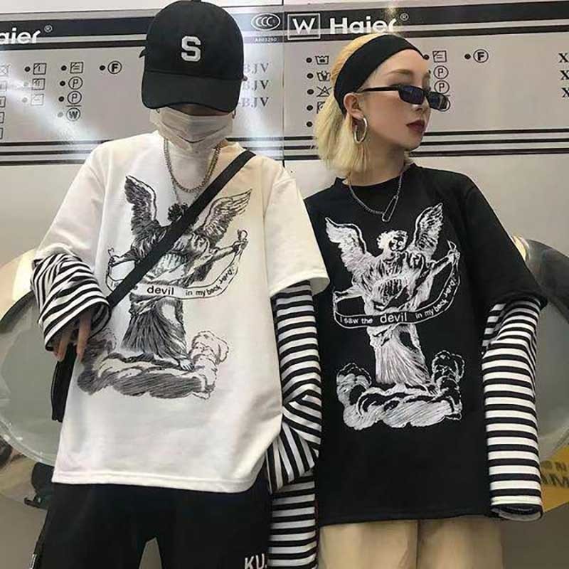 NiceMix Spring Harajuku Tshirt Women Patchworked Print Gothic Long Sleeve T-Shirt Korean Clothes Sudadera Para Mujer 220321