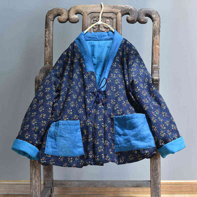 Winter Warm Kimono Woman Thicker Chinese Style Baggy Outerwear Vintage Cotton Linen Padded Jackets Loose Printing Overcoat L220725