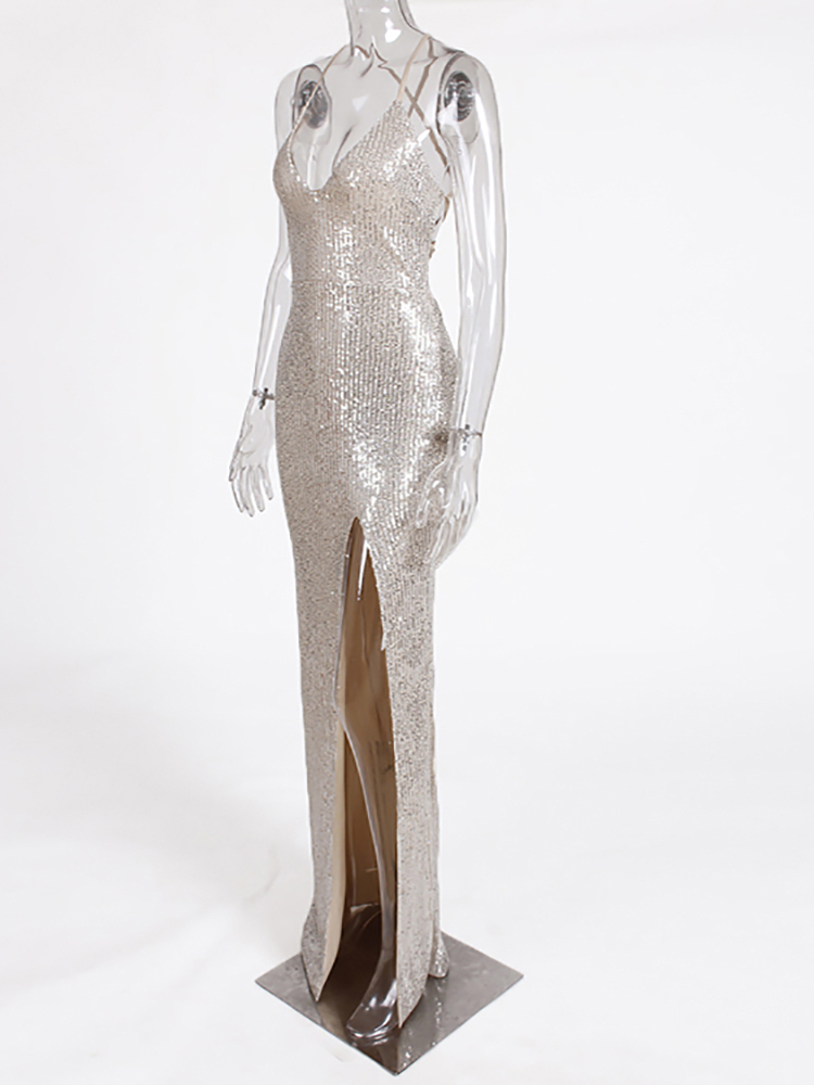 Sexy V Neck Lace Up Sequined Cocktail Party Dress Backless Split Leg Sleeveless Summer Long Dresses Evening Wedding Gown 220510