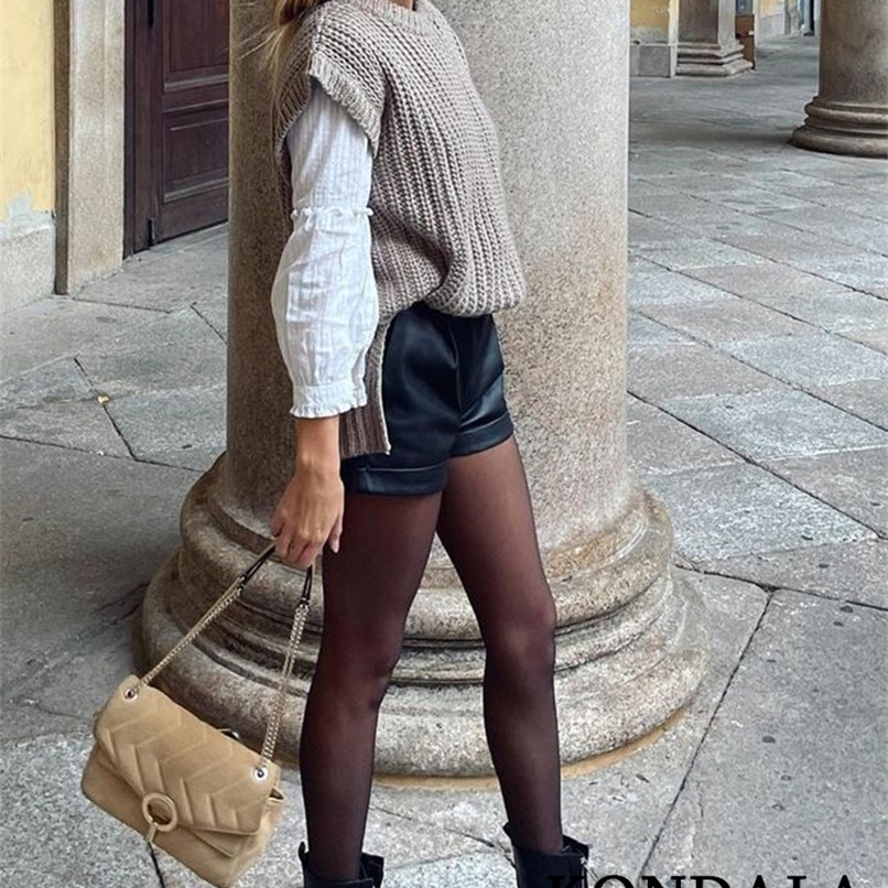 KONDALA Women s Shorts Vintage PU Leather High Waist Undefined Drapped Trousers Female Office Wear 220629
