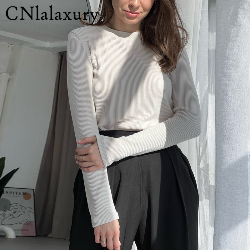 CNlalaxury Long Sleeve Women T Shirt Spring Korean Round Neck Slim Top Solid Color Basic Harajuku Bodycon Tops 220728