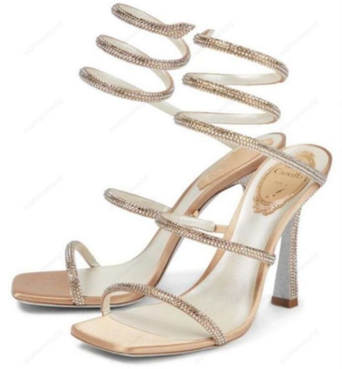 RENE CAOVILLA 10cm stiletto High heel Sandals CRYSTAL Karung Beige Snakelike twining rhinestone sandals women summer Top quality Gold square toe heels shoes