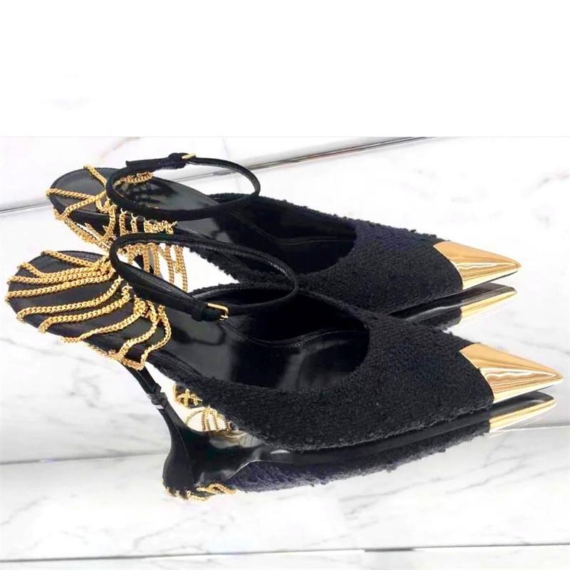 Sandals Women's Shoes Black High Heels Female Metal Pointed Stiletto Chain Tassel Open Sexy 9cm, Black gold
Sandals Women's Shoes Black High Heels Female Metal Pointed Stiletto Chain Tassel Open Sexy 9cm, Black gold