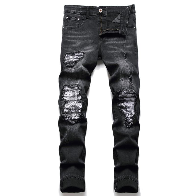 Men's Jeans Men Paisley Bandana Print Patch Streetwear Patchwork Holes Ripped Stretch Denim Pants Slim Straight Biker Trousersm
