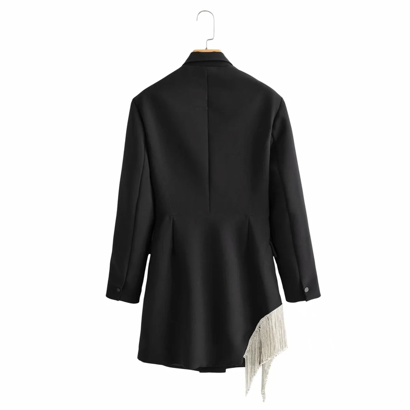 Women Fashion Double-breasted Blazers Coat Vintage Long Sleeves Female Black Slim Tassel Drill Decoration Chic Outerwear 220402