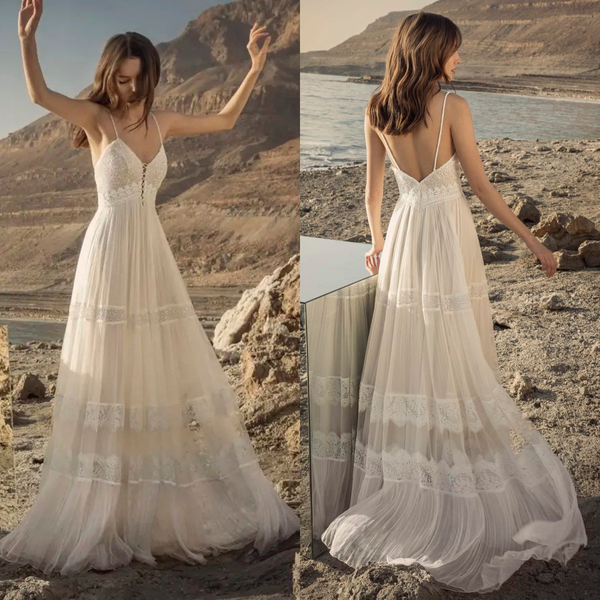 Inbar Freiman Bohemian 2022 Wedding Dress Tulle Long Spaghetti Strap Neck Beaded Lace Bridal Dresses A Line Wedding Gowns Vestido de Noiva