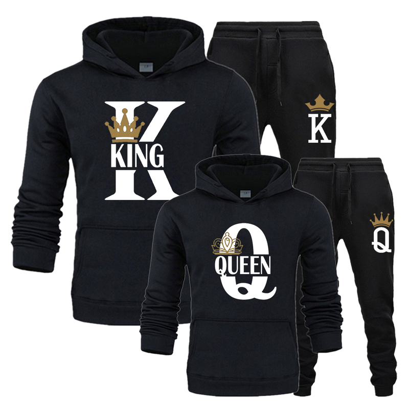 Fashion Lover Couple Sportwear Set KING QUEEN Printed Hooded Clothes 2PCS Set Hoodie and Pants Plus Size Hoodies Women 220708