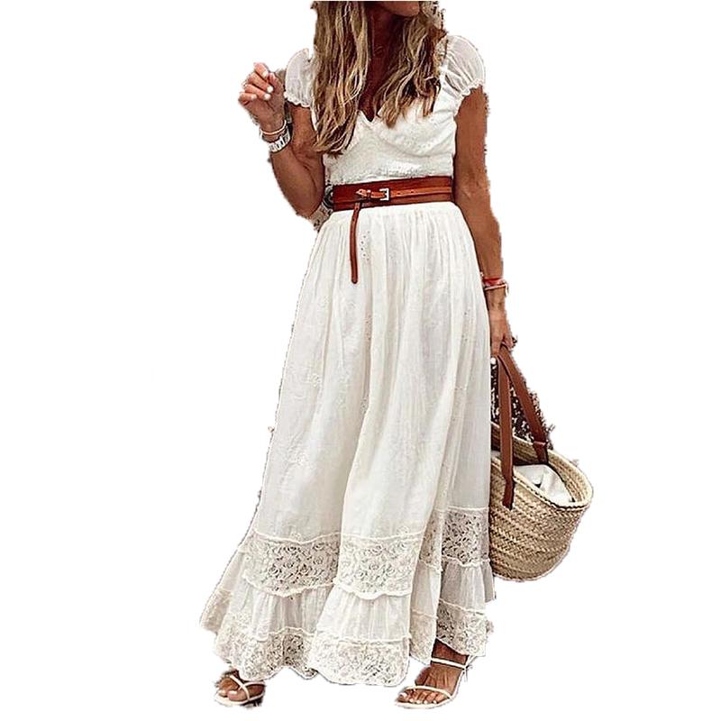 Casual Elegant V-Neck Dress: Embroidered Lace Maxi Dress For Summer And Beach In B4