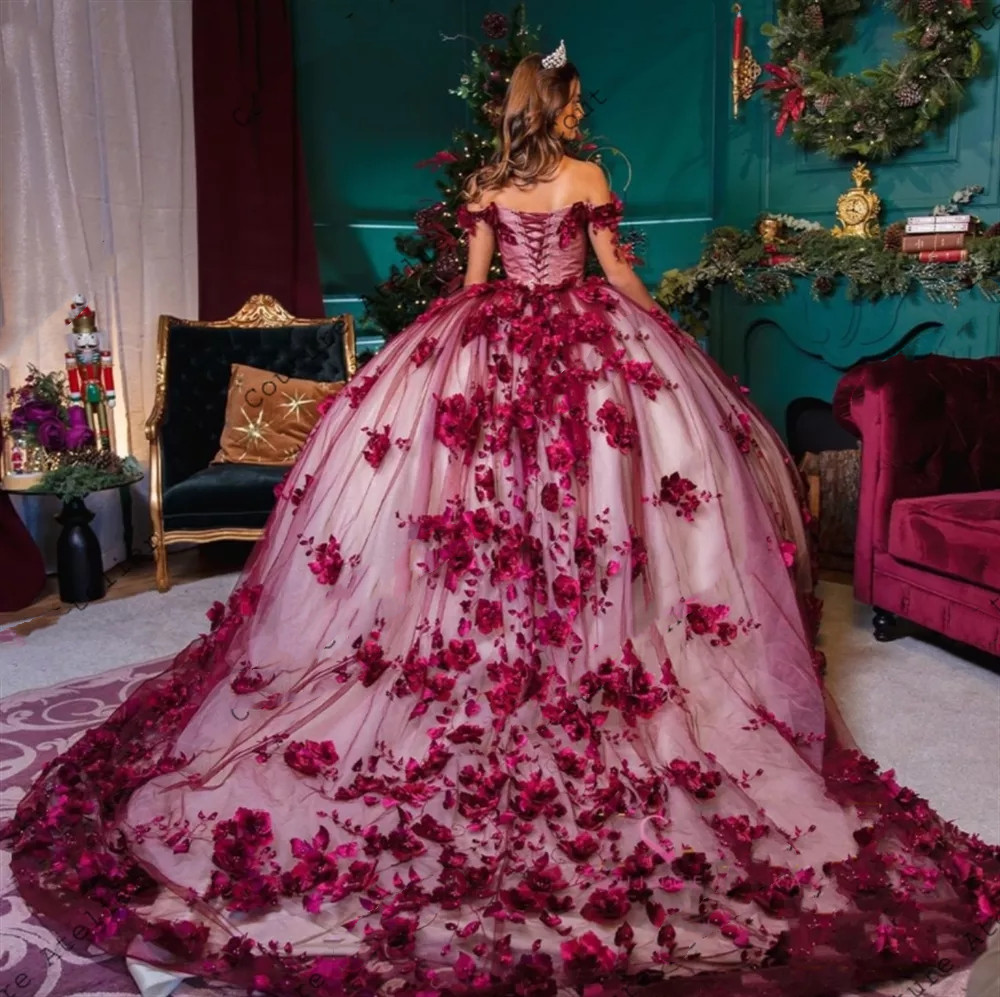 Burgundy princess Quinceanera Dresses 3D floral Birthday Prom Gowns Lack Up Sweet 15 16 Dresses vestidos de quinceanera 2022