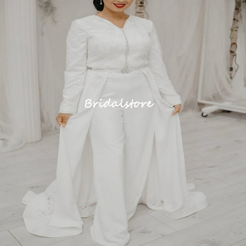 White Caftan Algerian Wedding Dress 2022 Plus Size Long Sleeve Jumpsuit Boho Bridal Dresses With Pantsuit Beadd Lace Muslim Bride Party Gowns Sexy Rob