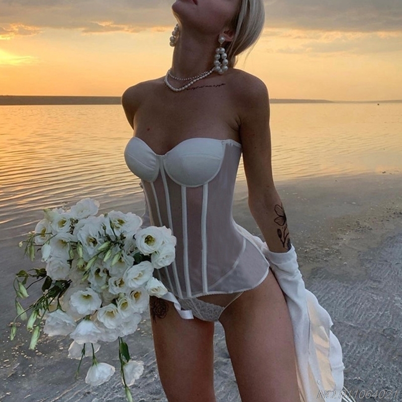 Women Sexy Sheer Mesh Patchwork Bustier Corset Vintage Strapless Lace-Up Back Overbust Waist Cincher Body Shaper Top Wholesales 220325