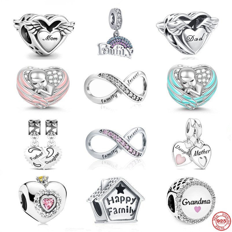 925 Sterling Silver Dangle Charm Family Forever Pendant Mom Dad Amulet Dangle Charms DIY Jewelry Gift Bead Fit Pandora Charms Bracelet DIY Jewelry Accessories