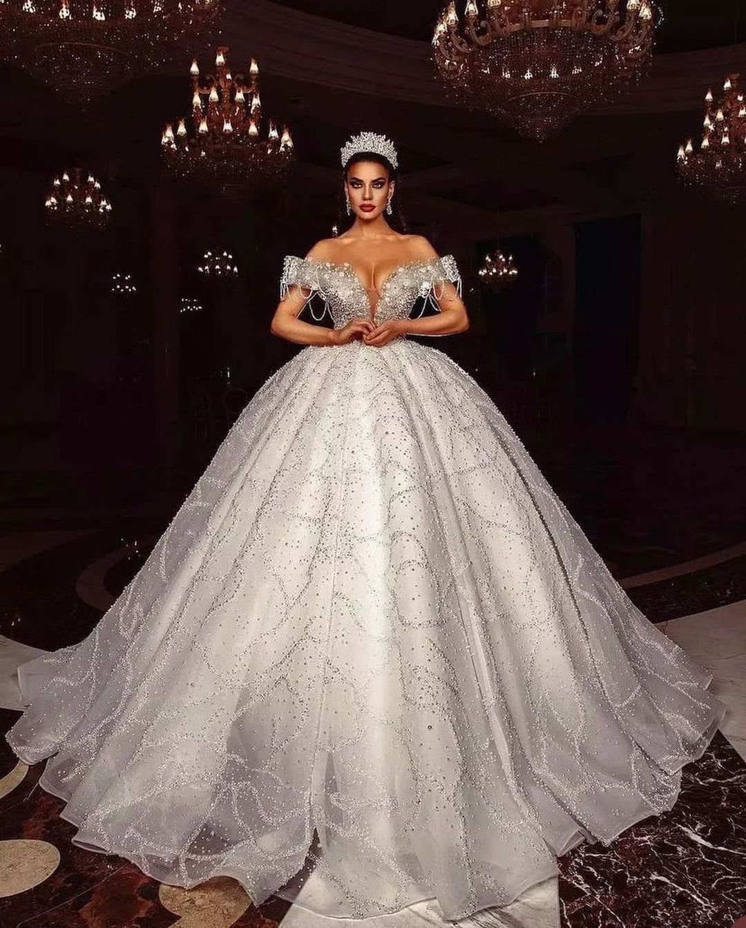 Princess Ball Gown Wedding Dresses Appliques Deep V Neck Off Shoulder Sleeveless Sequins Beads Lace Ruffles or Length Shiny Bridal Gowns Plus Size Cus