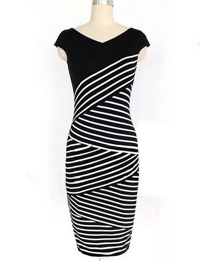 Women Summer Dresses New Black And White Stripe Dress Cultivate Pencil Vintage Plus Size Dresses Vestidos