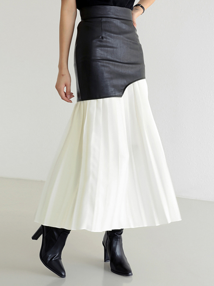 DEAT White Long Autumn Leather Patchwork A-line Wrap Hip Temperament Fashion Women's Pleated Skirt 7Z206 220322